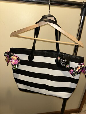 Simply Spring Tote Black White Stripes Flower Print Bows NWT Large Stylish Chic