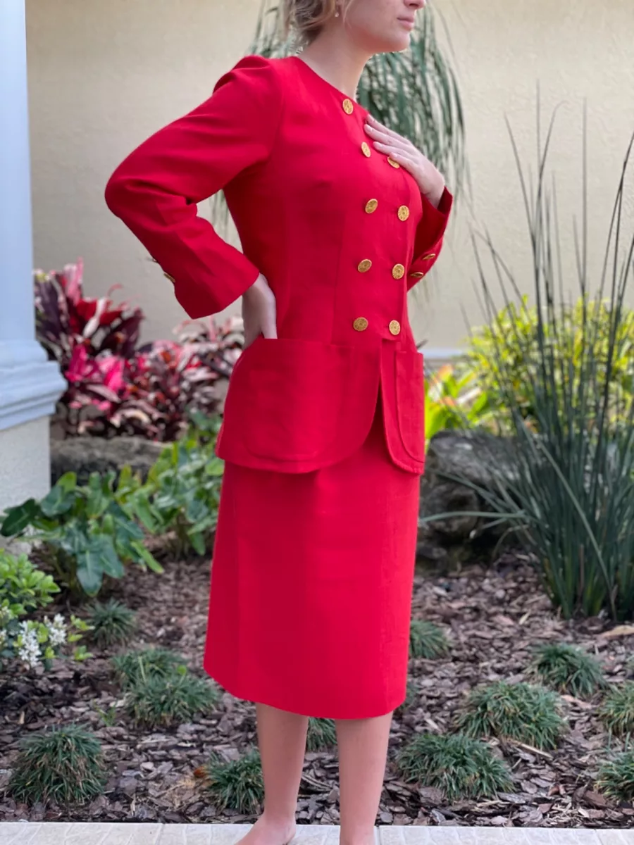 Vintage Yves Saint Laurent Skirt Suit Red Double Breasted Blazer