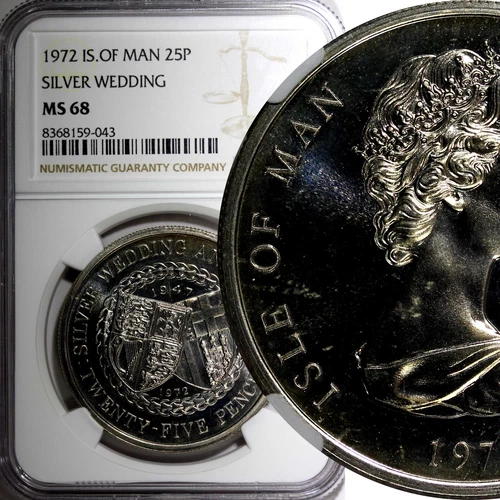Isle Of Man  1972 25 Pence 25th Wedding NGC MS68 TOP GRADED KM# 25 (43)