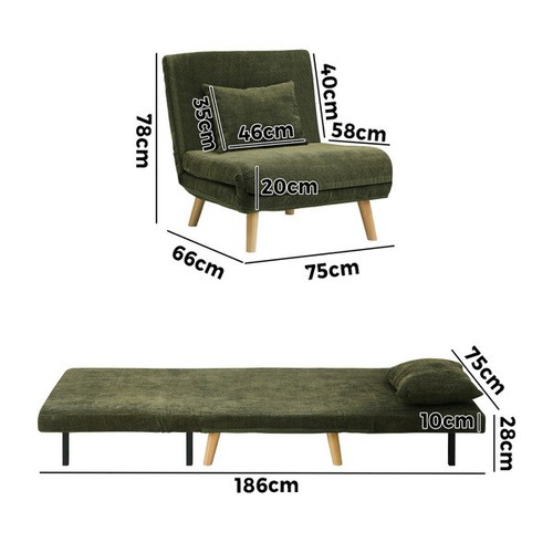 Sofa Bed Lounge Chair Polyester Recliner Wood Leg Single Seat Green - Picture 3 of 9