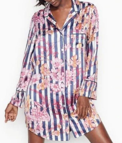 Victoria's Secret Striped Floral Satin Nightshirt Gown M Long Sleeve NWT