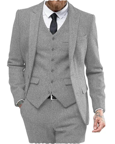 Mens 3 Piece Suit Groom Wedding Wool Blend Tweed Herringbone Suit 42 44 46 48 50 - Picture 20 of 33