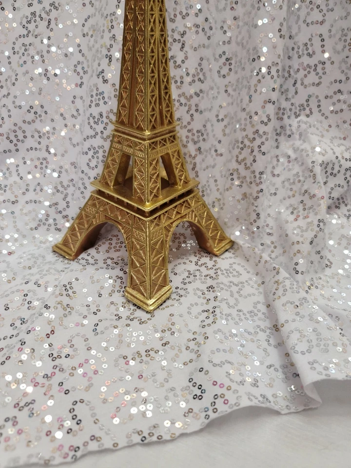 Tejido de punto jersey elástico blanco bordado con lentejuelas plateadas por yarda de moda Foto 2 de 4