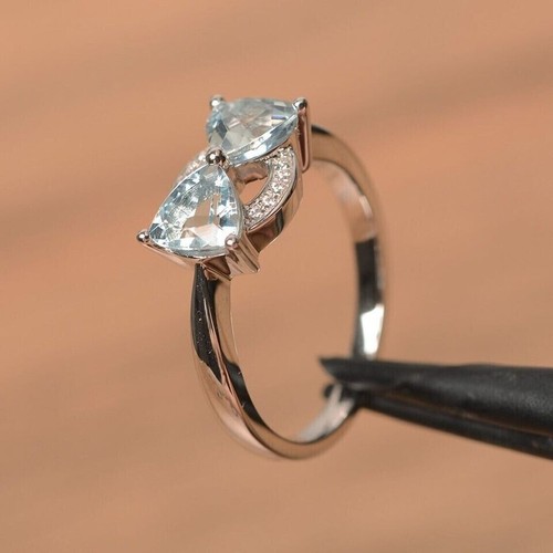 Bow Engagement Ring 14K White Gold Plated 2.30Ct Trillion Lab Created Aquamarine - Picture 4 of 7