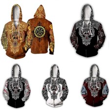 Men's Viking Tattoo Hoodies Norse Pullover Mythology 3D Print Sweatshirt Zip