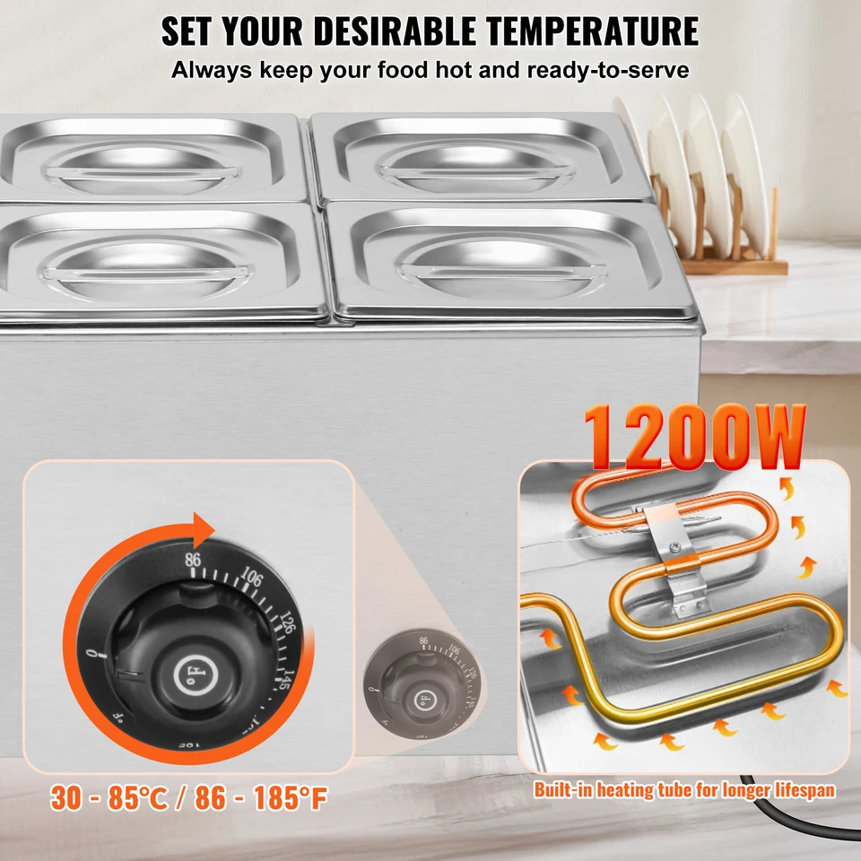 VEVOR Scaldavivande Commerciale a 5 Teglie 14,5 L Buffetda Bancone Acciaio Inox - Immagine 3 di 4