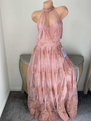 Luxxel Promenade Maxi Dress L Blush Pink Beach Halter Mesh Floral Romantic  | eBay