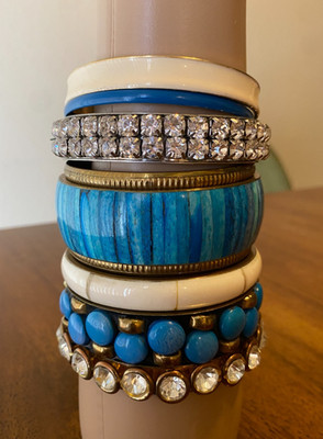 Blue & White Bangle Bracelet Stack Lot Mixed Media Rhinestones Bone Enamel