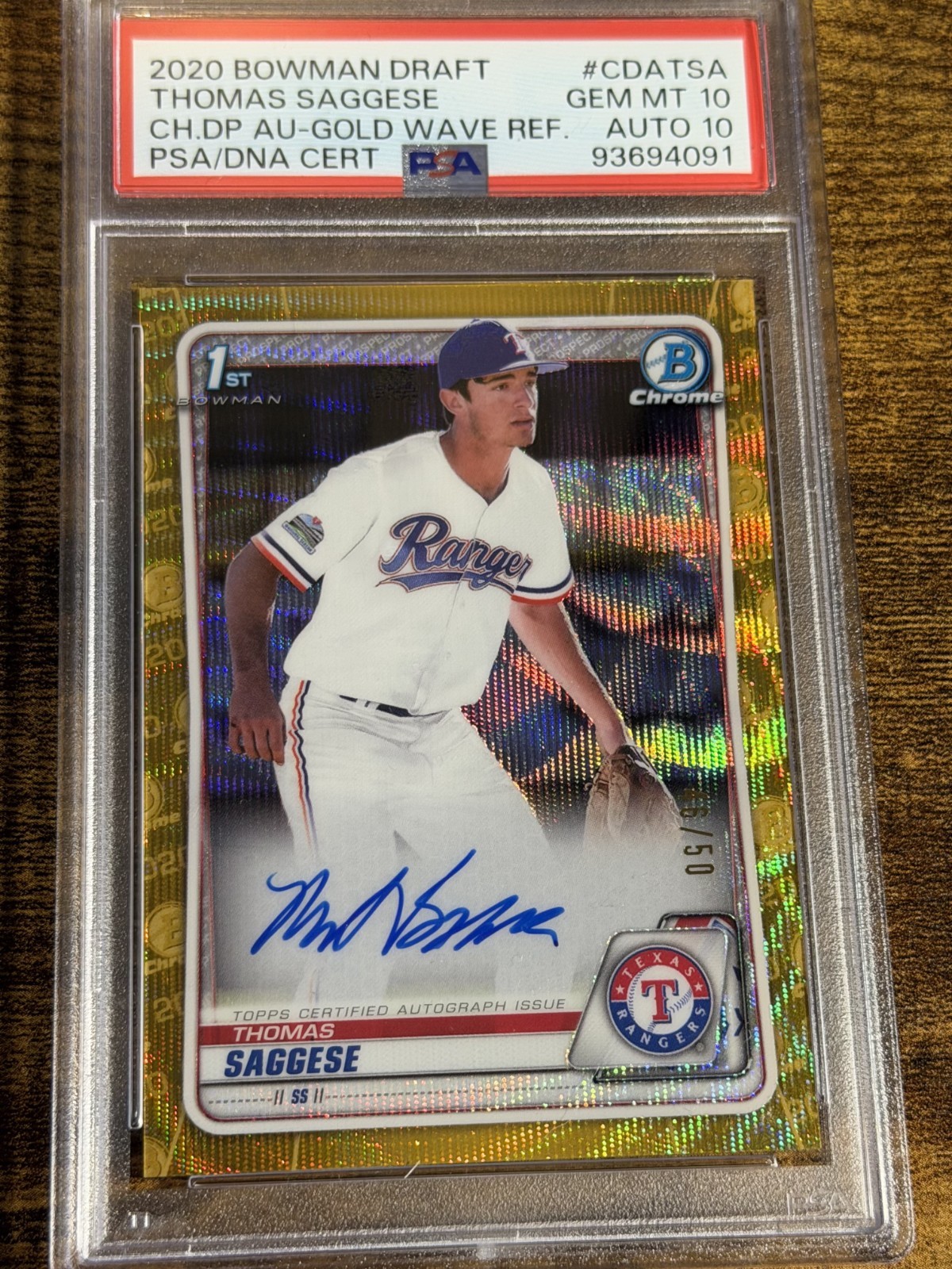 THOMAS SAGGESE 2020 Bowman Draft #CDA-TSA 1st Gold Wave Auto /50 PSA 10 Auto 10