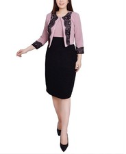 Ny Collection Petite Lace-Detail Textured Knit Dress-Blush Black-14P Dress ONLY