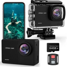 4K60fps Action Camera - Waterproof Camera with 64G SD Card 48MP HD WiFi Camera