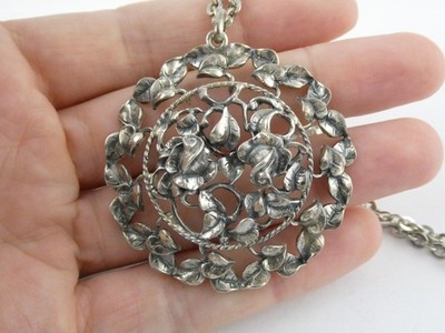 Antique 835 Silver Hand Made Arts and Crafts Floral Pendant Necklace 32.4g 27 In