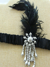 Black Feather Acrylic Bead Dangle Light Elastic Headpiece Flapper Costume Party