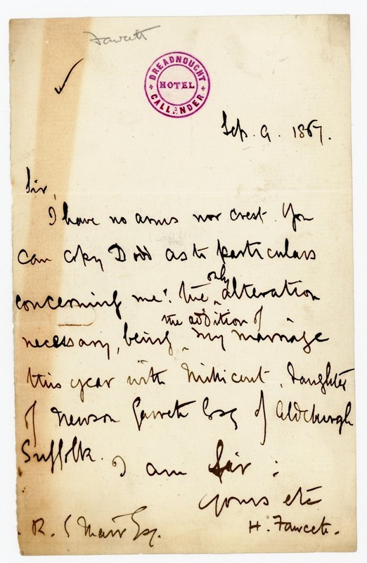 MILLICENT FAWCETT MARRIAGE Henry Signed 1867 Letter Women's Suffrage Scotland