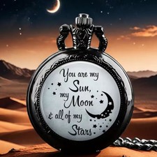 Black Sun  Moon Quartz Small Size Pocket Watch Necklace Pendant Men Women Gift