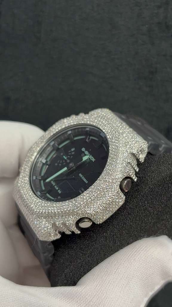 Custom Moissanite G-Shock GA-2100 Watch White tone Bezel Black