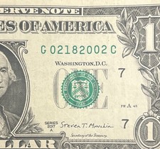 February 18, 2002 (G 02182002 C) BIRTHDAY Note $1 One Dollar Bill