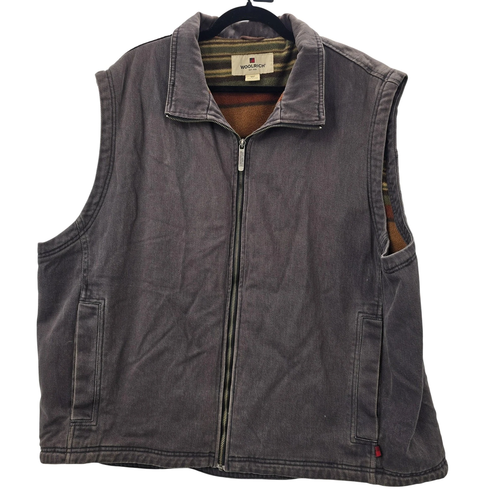 Woolrich Vest Mens 2XL Brown Canvas Fleece Lined Zip Outdoor Workwear Winter