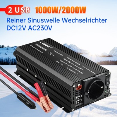 1000W 2000W 12V/230V Reiner Sinuswelle Wechselrichter Spannungswandler schwarz