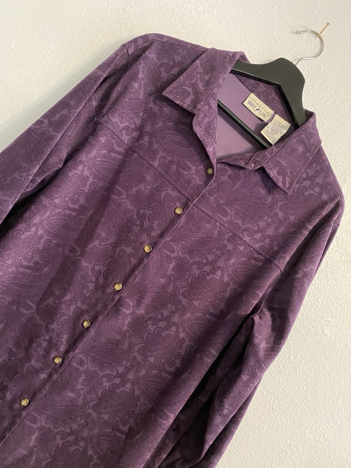 Vtg White Stag L Purple Button Up Faux Suede Shirt, Boho AOP, Y2K Phoebe C16