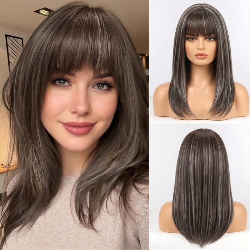Soft Cosplay Party Wig With Fringe Synthetic Hair Straight Mixed Brown blonde