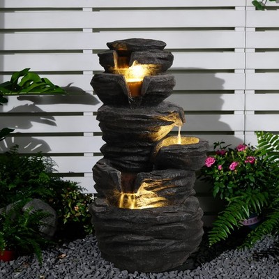 Rock Water Fountain with Lights, Multi-layer Waterfall Resin Garden Fountain