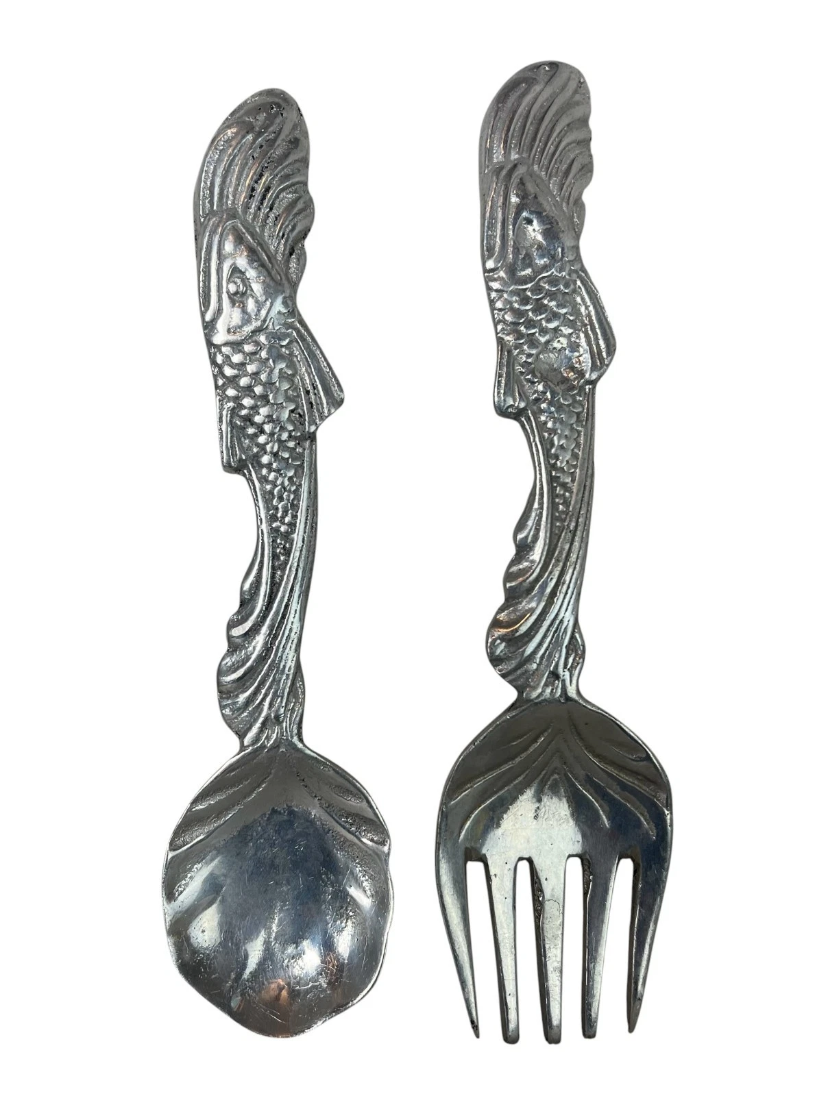 Vintage 10" Pewter Koi Fish Salad Serving Fork & Spoon Artisan Utensils Ornate