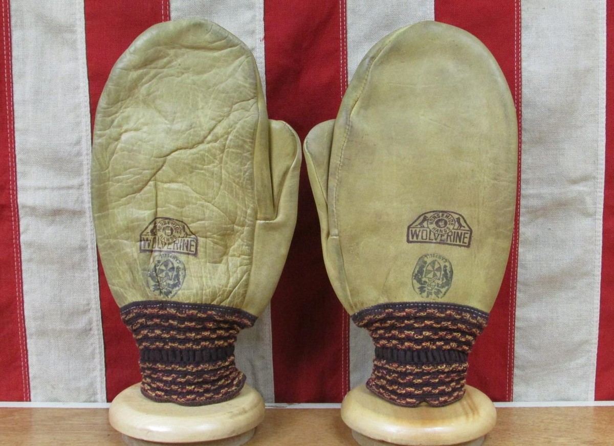 Vintage 1940s Wolverine Tan Leather Winter Work Gloves Mittens Horsehide M/L