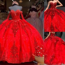 Red Quinceanera Dresses Floral Sequined Sparkly Sweet 15 Princess Prom Ball Gown