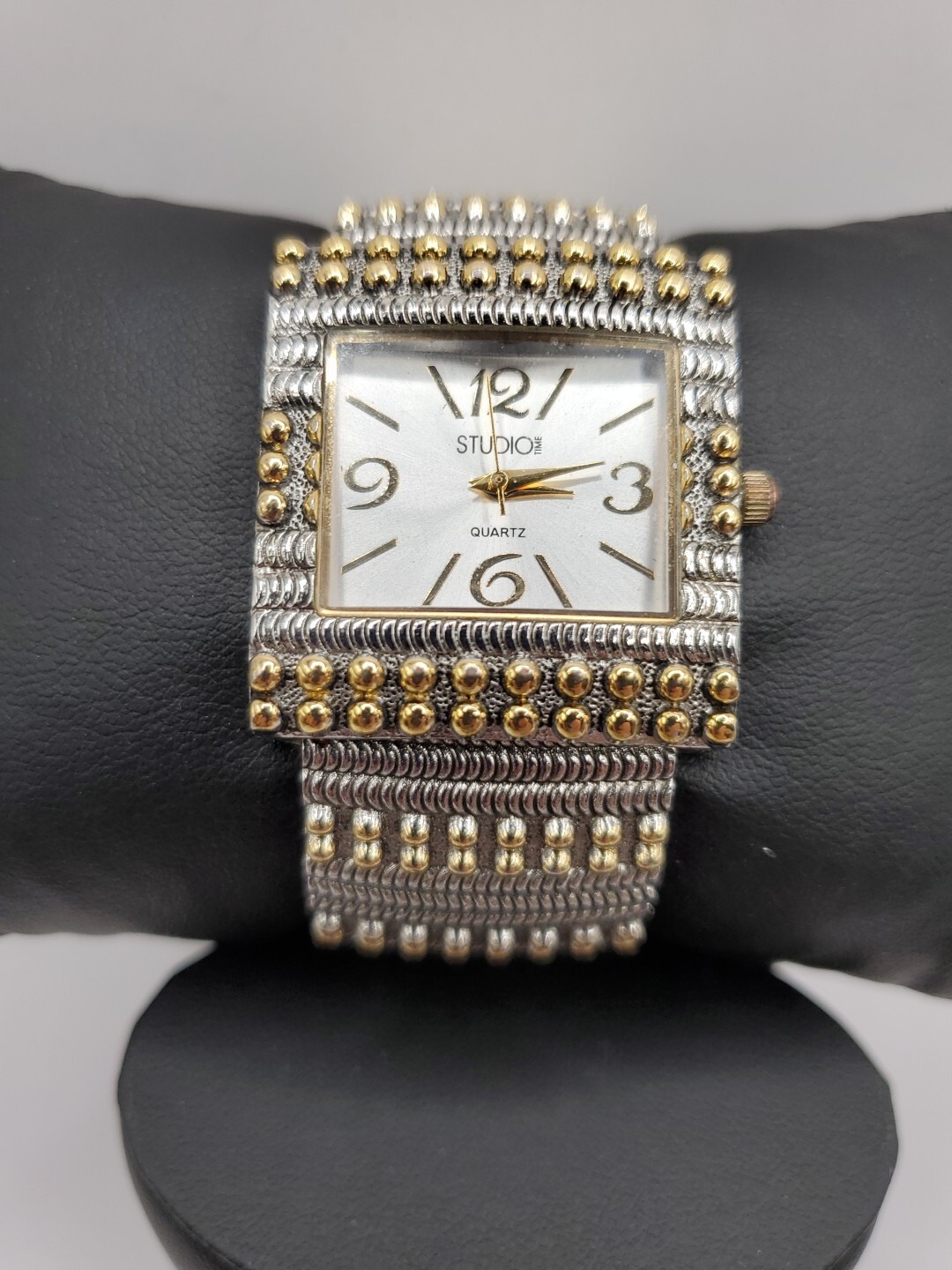 Studio Time Ladies Fashion Quartz Watch 31mm Square Silver/Gold Tone Cuff 7