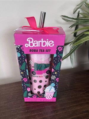 BARBIE BOBA TEA SET GLASS TUMBLER W/METAL STRAW STRAWBERRY TEA MIX W/BOBA NEW