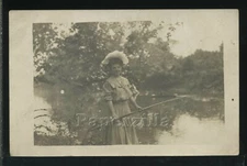 UDB RPPC c.1904 YOUNG WOMAN in VICTORIAN DRESS FISHING with LONG FISHING POLE