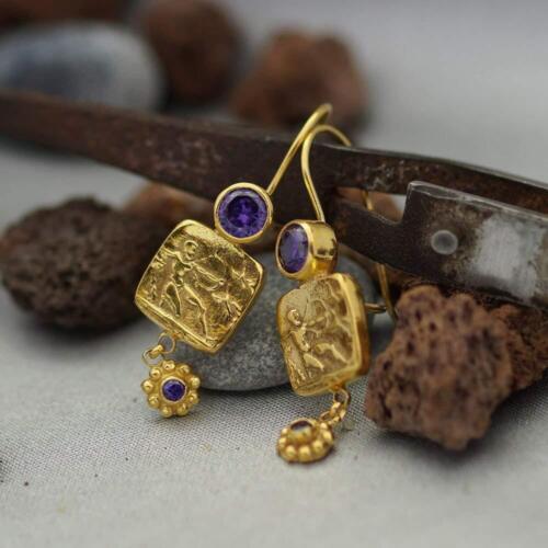 Sterling Silver 925k Roman Art Coin Amethyst Earrings 24 k Yellow Gold Plated - Picture 4 of 6