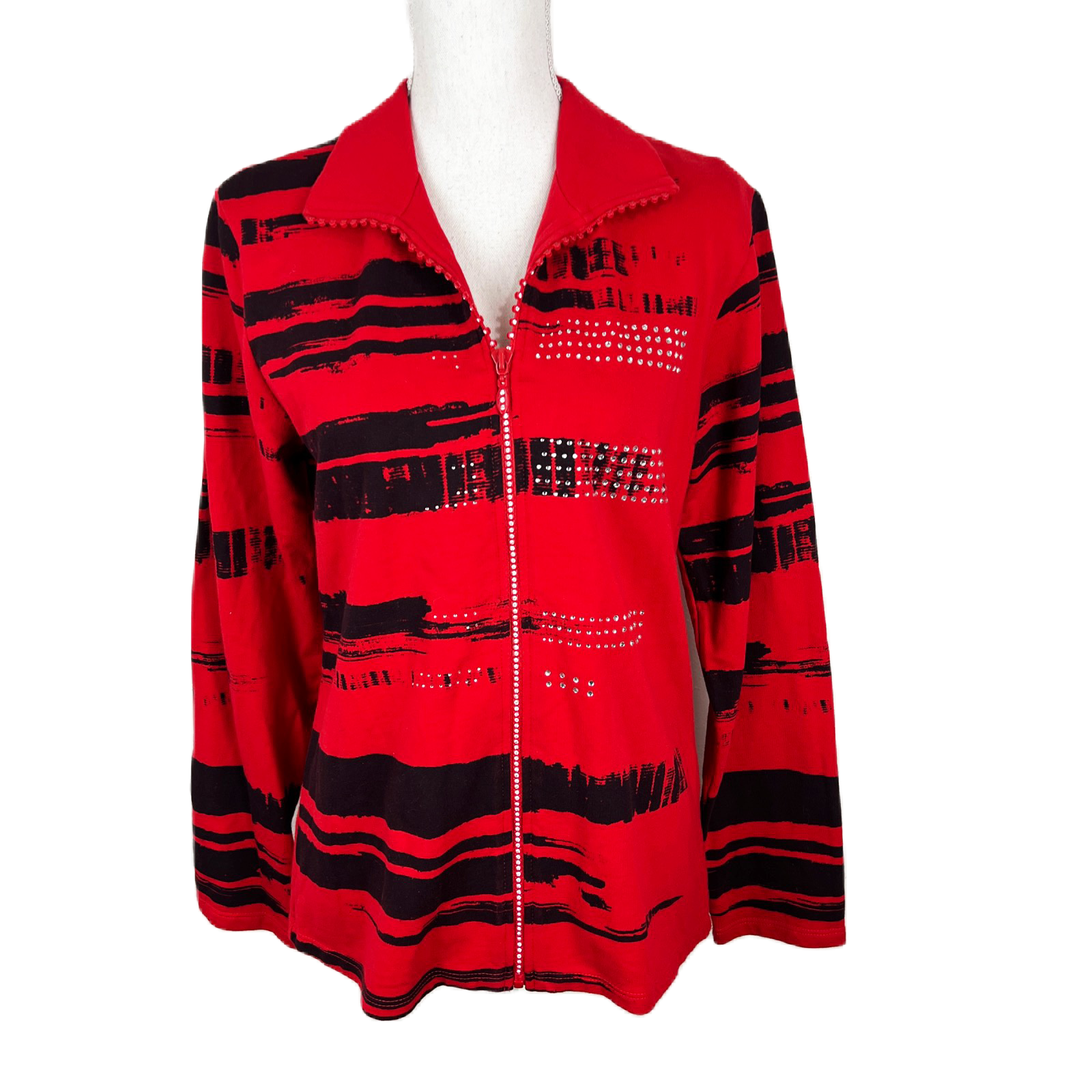 Jess & Jane Medium Red Sparkly Zip Sweater with Scroll Pen Embellishment for Women