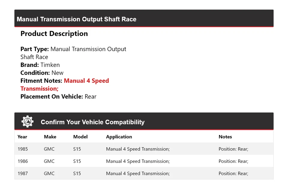 For 1985-1987 GMC S15 Manual Transmission Output Shaft Race Rear Timken 1986 - Image 2 of 4