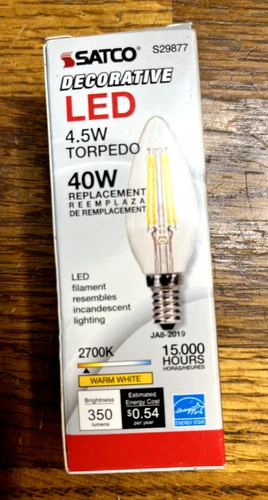 Satco S29877 - 4.5W Torpedo 40W Candelabra LED Warm White - Picture 1 of 4