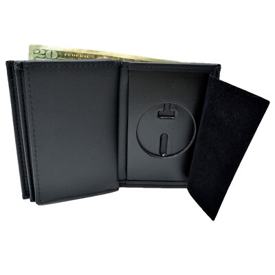 Perfect Fit Police Badge Wallet - Black Leather Bifold With Round Cutout - USA Made