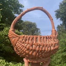Rare Primitive Bent Pin Oak Branch Handle Buttocks Egg Gathering Basket ❤️sj8j8