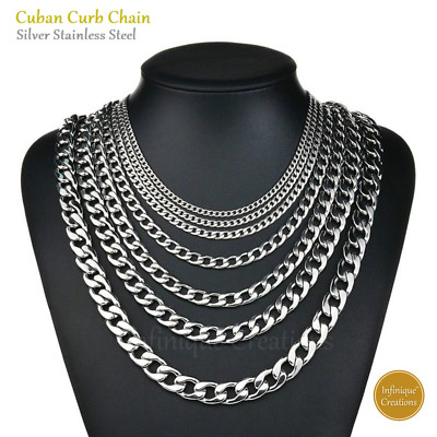 Stainless Steel Silver Chain Cuban Curb 7-38'' Necklace Bracelet Men Women 3-12mm