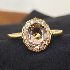 925 Sterling Silver 9x7 mm Oval Shape Natural Morganite Ring Cubic Zirconia