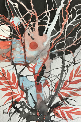Original Pamela Wilhelm Watercolor 6x9 Spirits Of The Sun & Moon Red Black Aqua