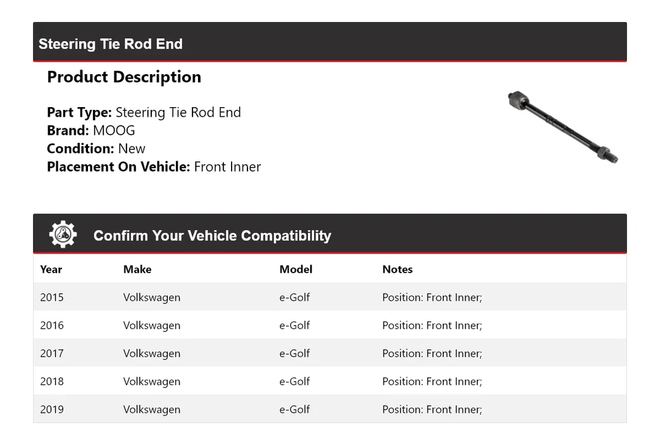 Para Volkswagen e-Golf 2015-2019 extremo de barra de dirección interior delantero MOOG 2015 2016 Foto 2 de 4