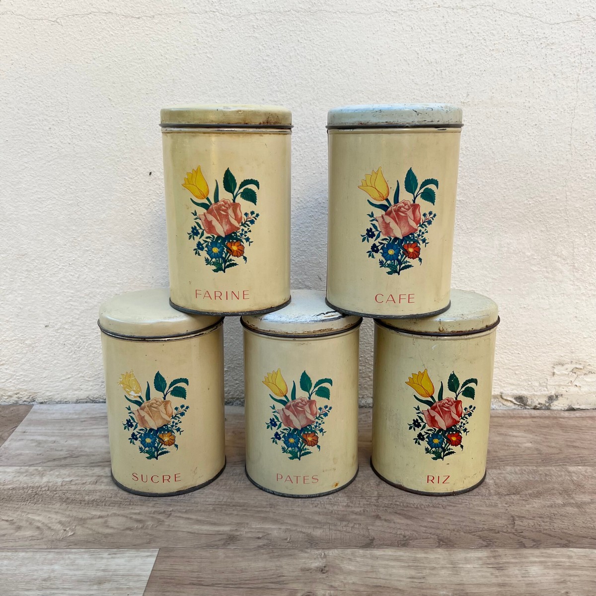 French Vintage Metal Kitchen Canisters Floral Storage Set 5 Pieces