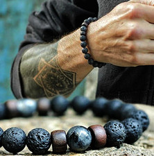 1pc Volcanic Lava Stone Beaded Bracelet Wooden Tibetan Buddha Wrist Jewelry