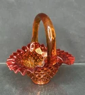 Fenton Glass Red Amberina Hobnail Basket 8.5”x7” Applied Handle UV Cadmium Glow