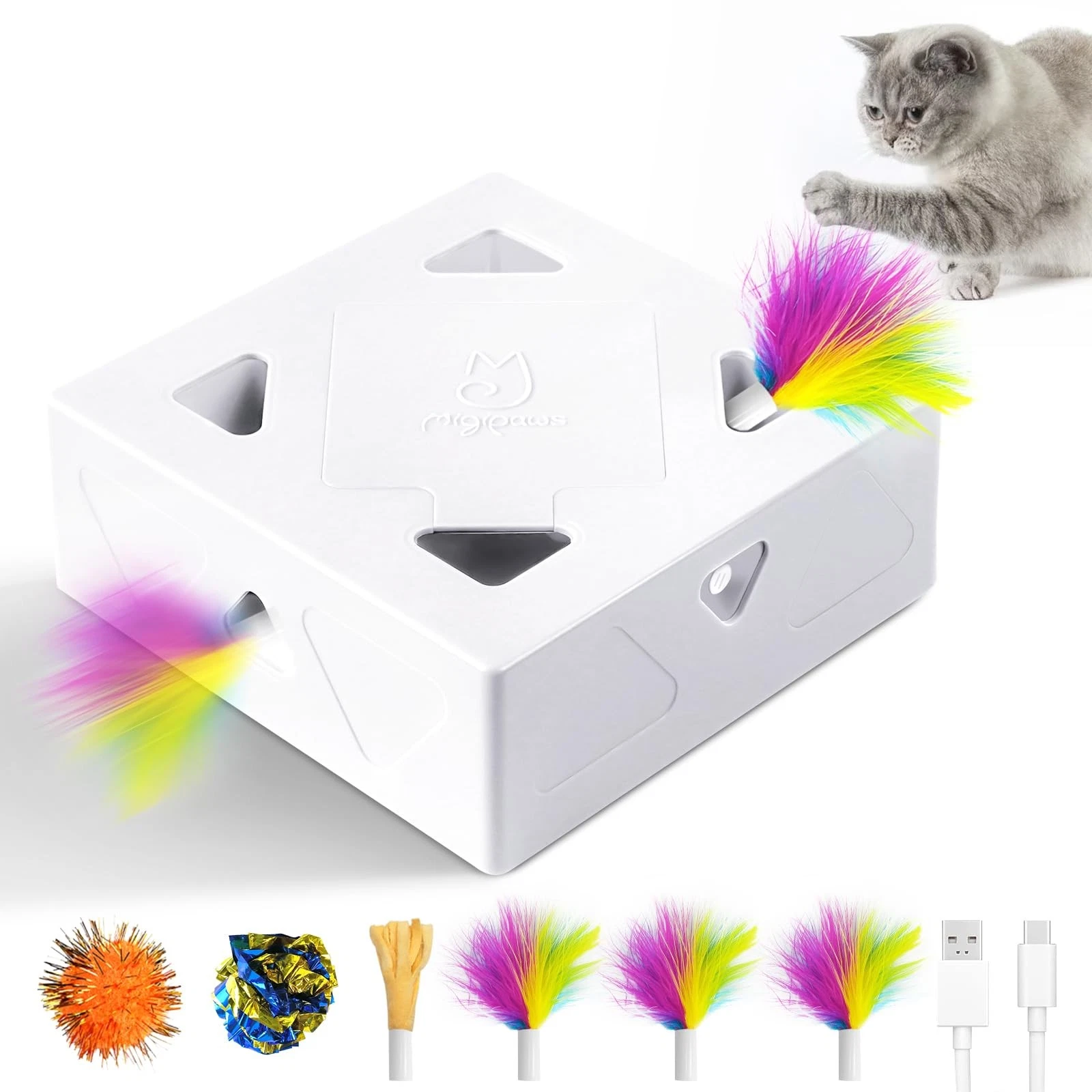 Interactive Cat Toys -Migibox for Indoor Bored Cats, Automatic Pop Out Feathe...