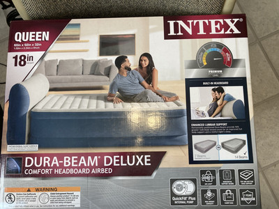 Intex 18'' Queen Dura-Beam Deluxe Air Mattress with Headboard and Built-in Pump.