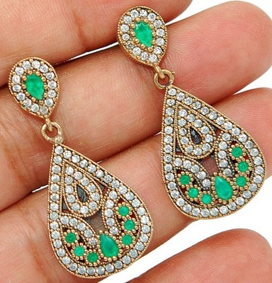 Ottoman Empire Style 5CT Treated Emerald 925 Sterling Silver Earrings SB3-2
