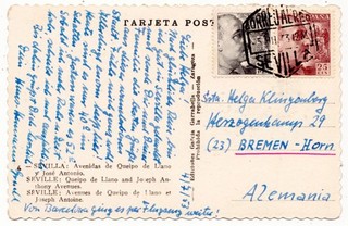 Spanien 1953 Postkarte Mischfrankatur Sevilla Michel Nr. 845 852
