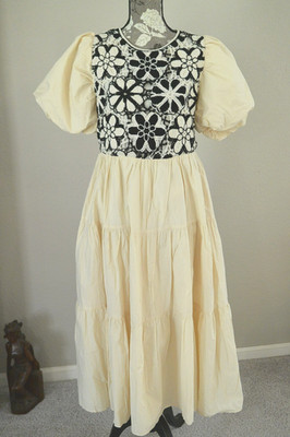 &merci Cream Tiered Puff Sleeve Midi Dress Black And White Crochet Bodice Sz MED